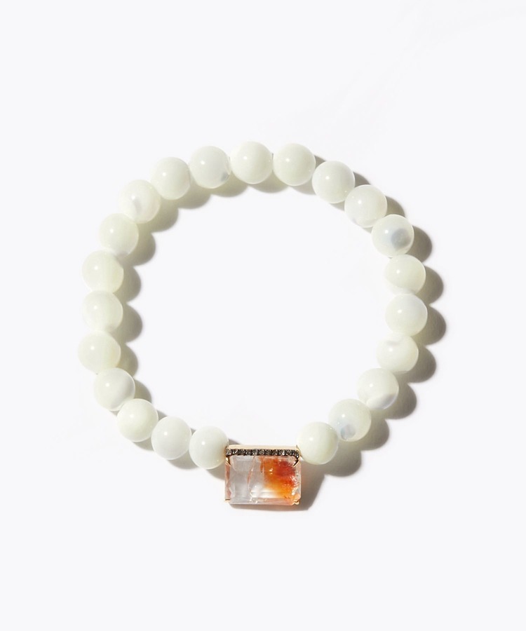 [amulette] [Symbol of love, tenderness, and motherhood]mother of pearl hematite in rose quartz pave diamonds bracelet